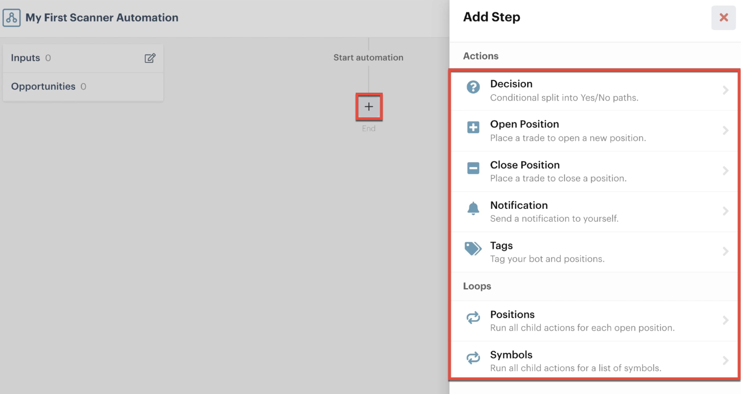 Adding an action to the automation editor