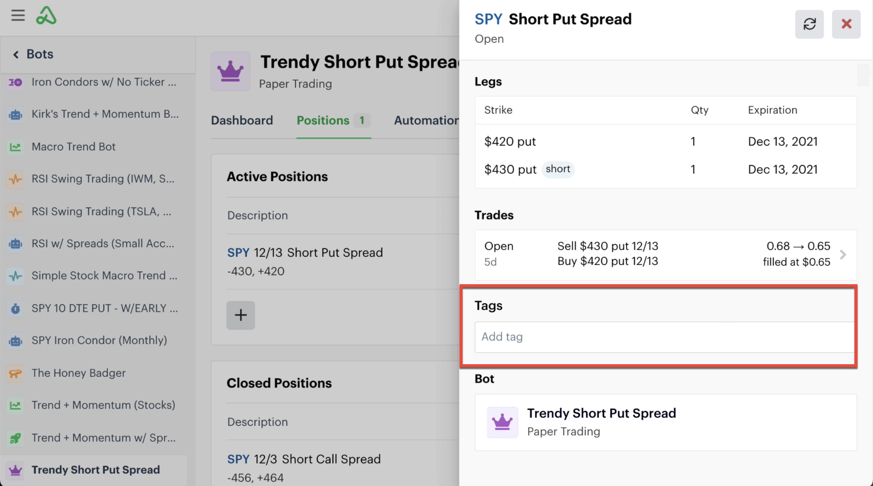 Add and remove bot tags on the position details page
