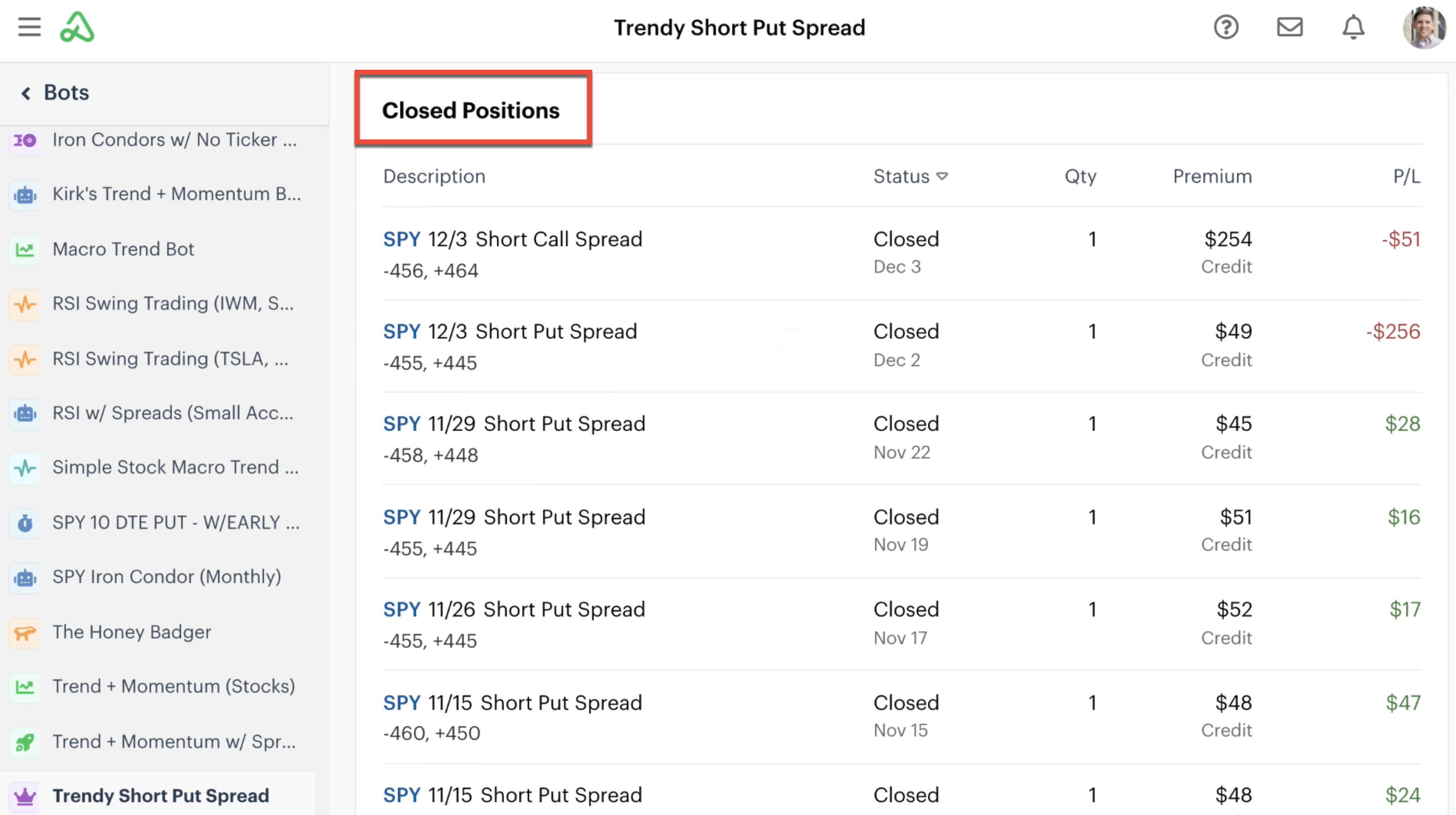 Closed positions in position statement