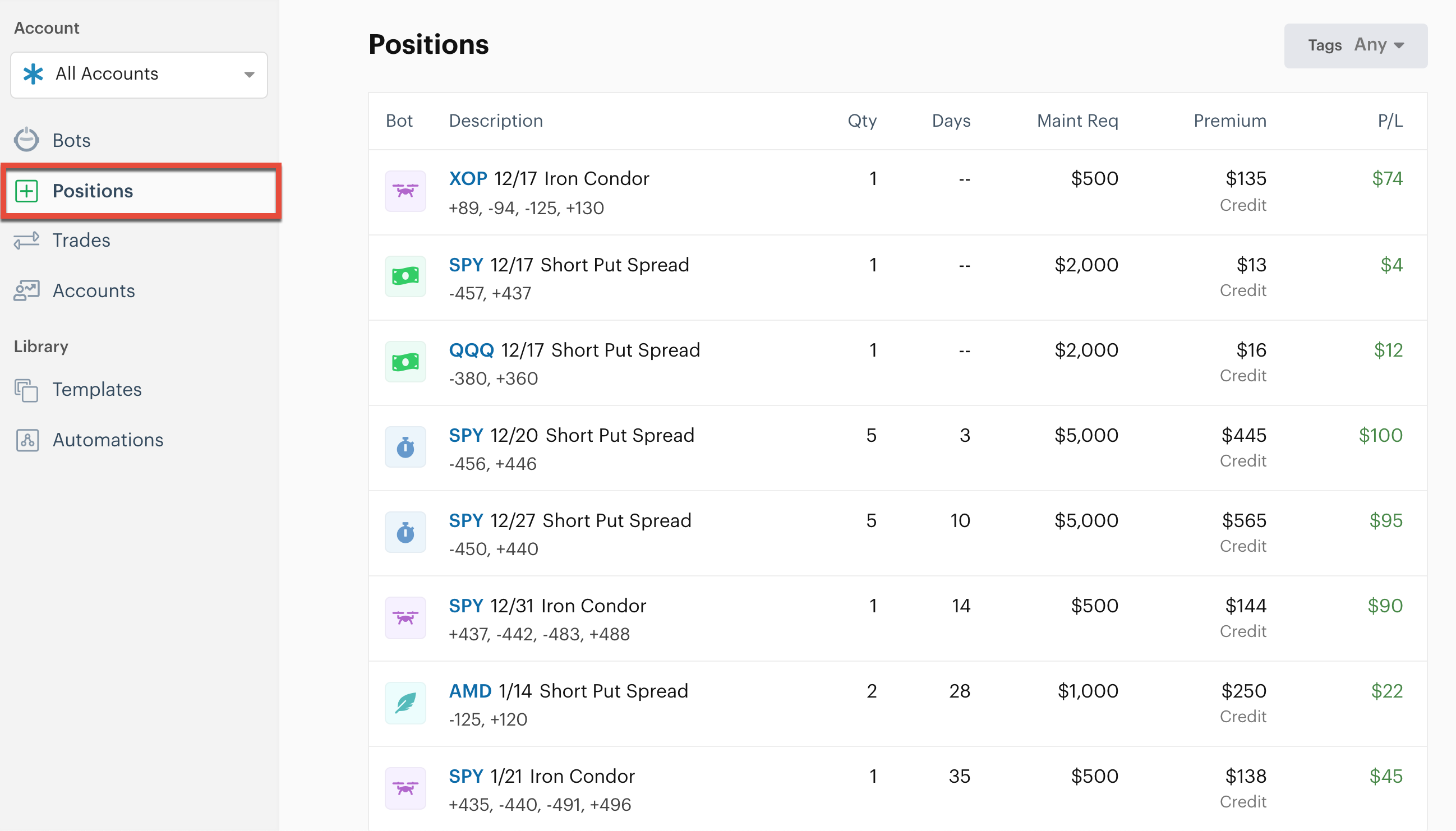 Bot dashboard with positions button highlighted