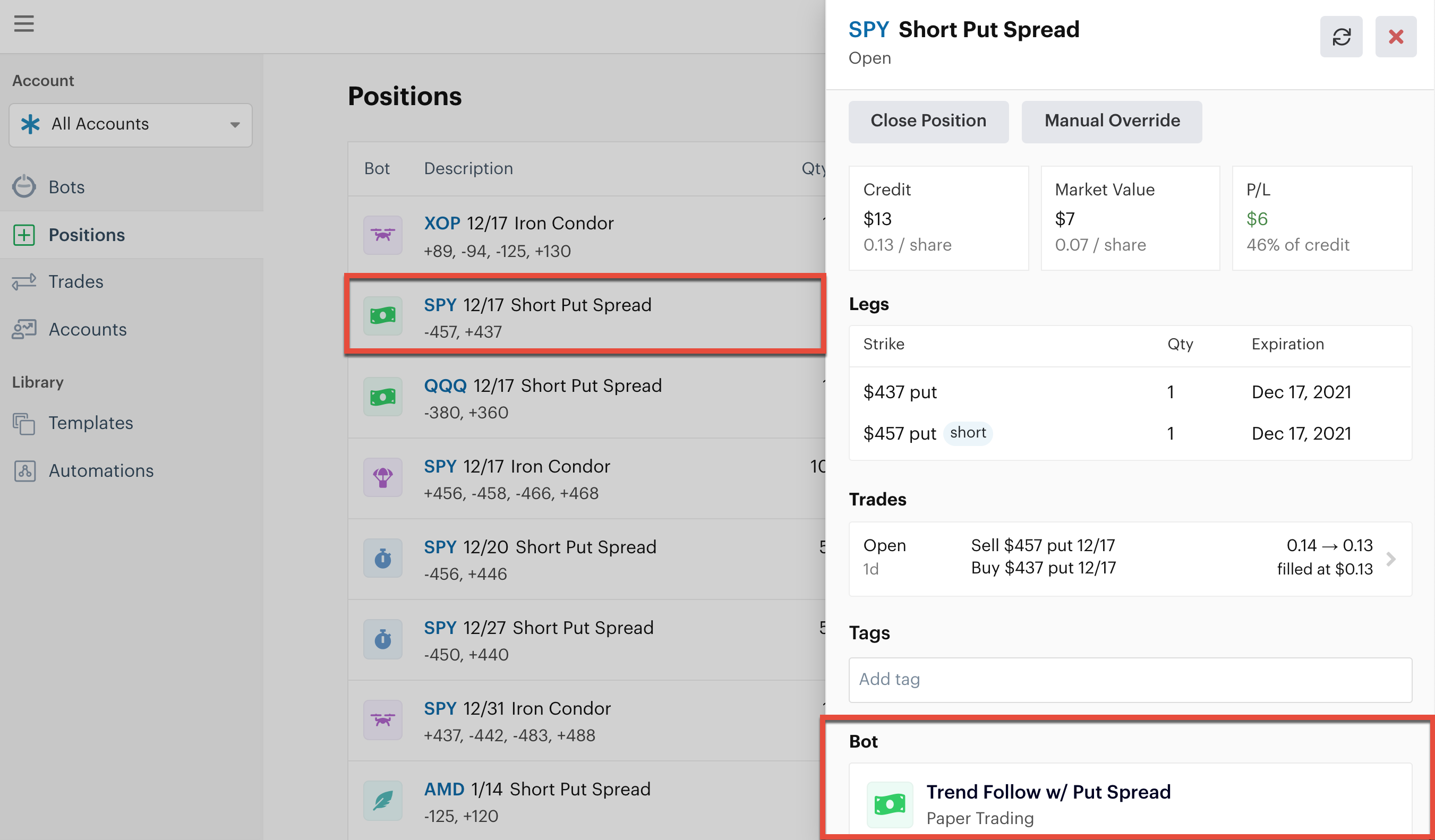 Position's bot in position details