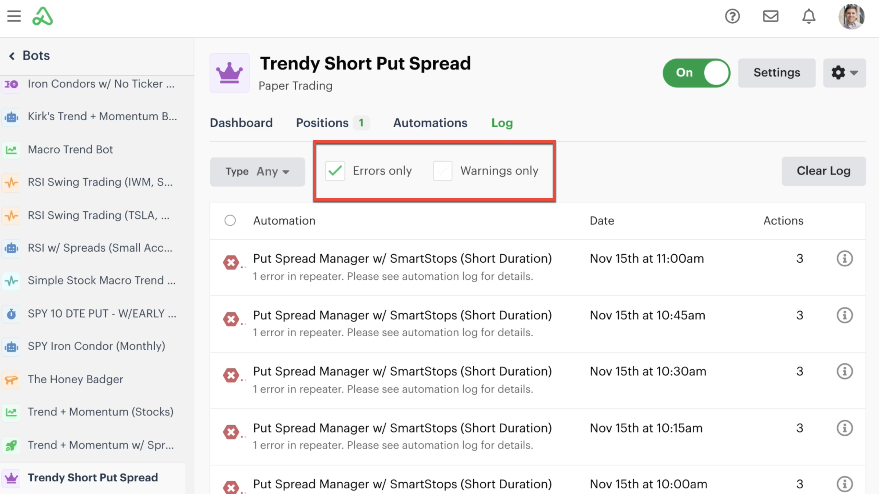 Bot errors and bot warnings