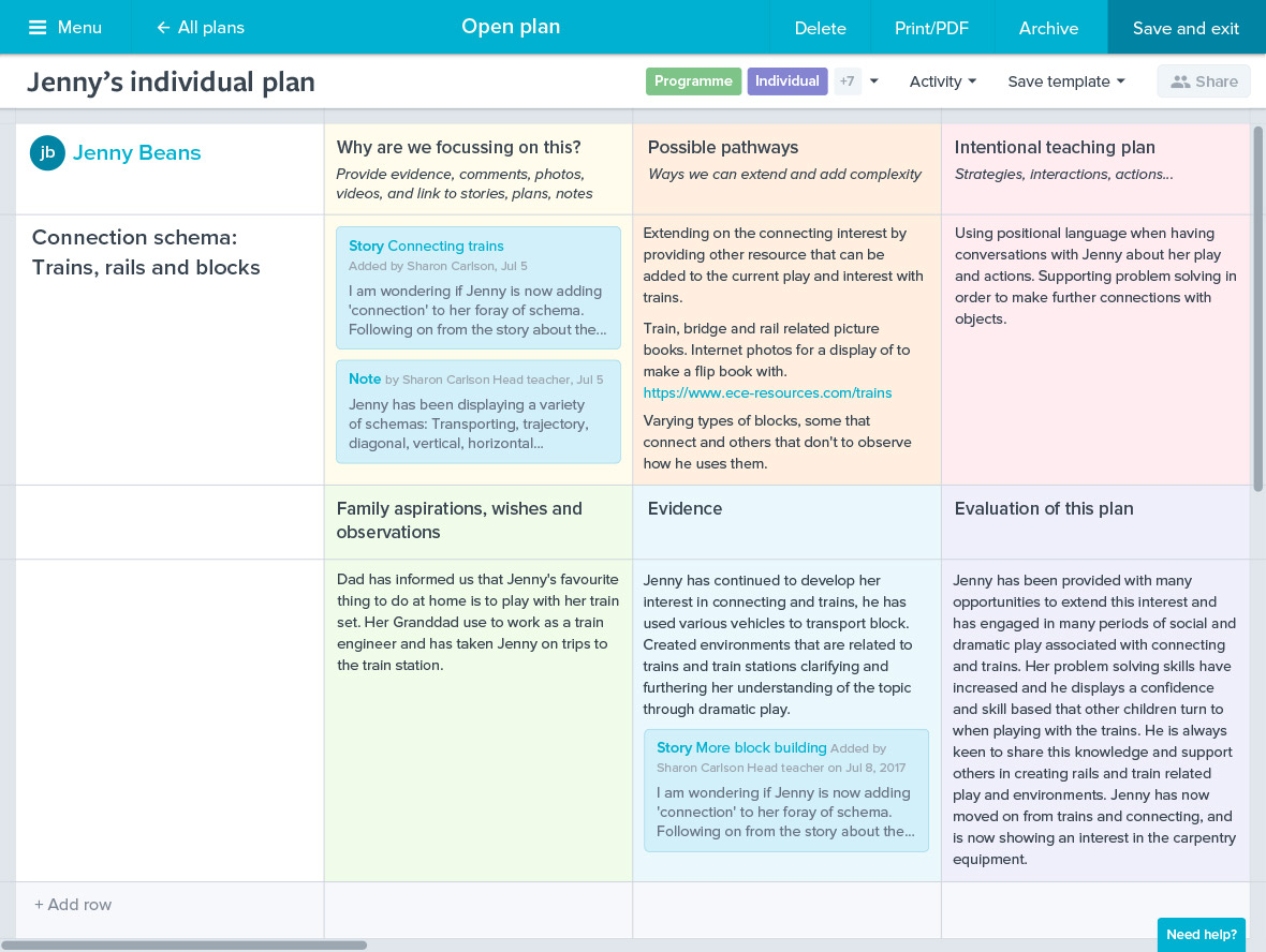 Storypark planning screenshot