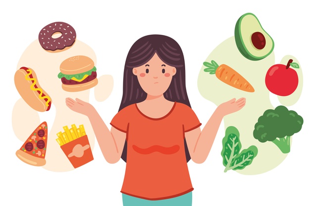Woman choosing between healthy or unhealthy food illustration Free Vector