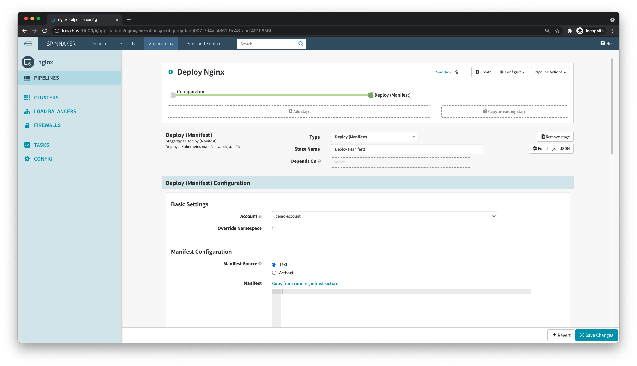 Pipeline stage to deploy manifest