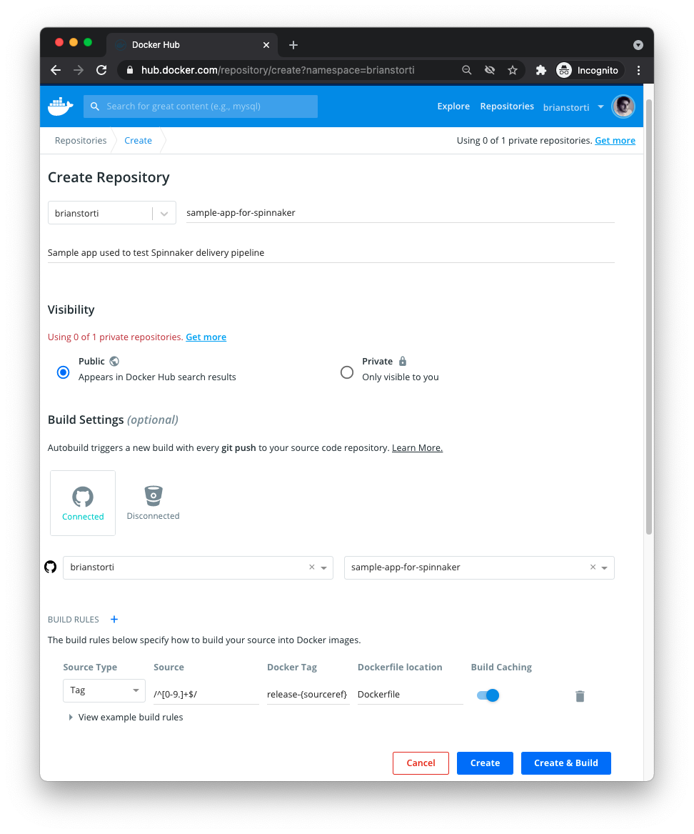 Docker Hub new repository page