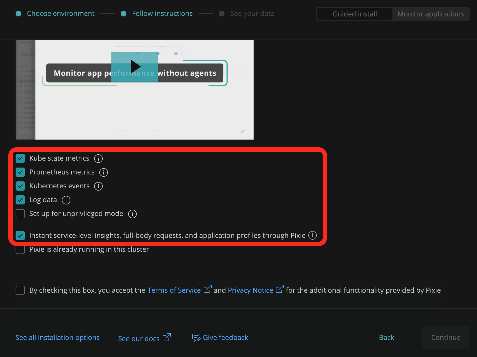 Selecting New Relic Kubernetes monitoring scope