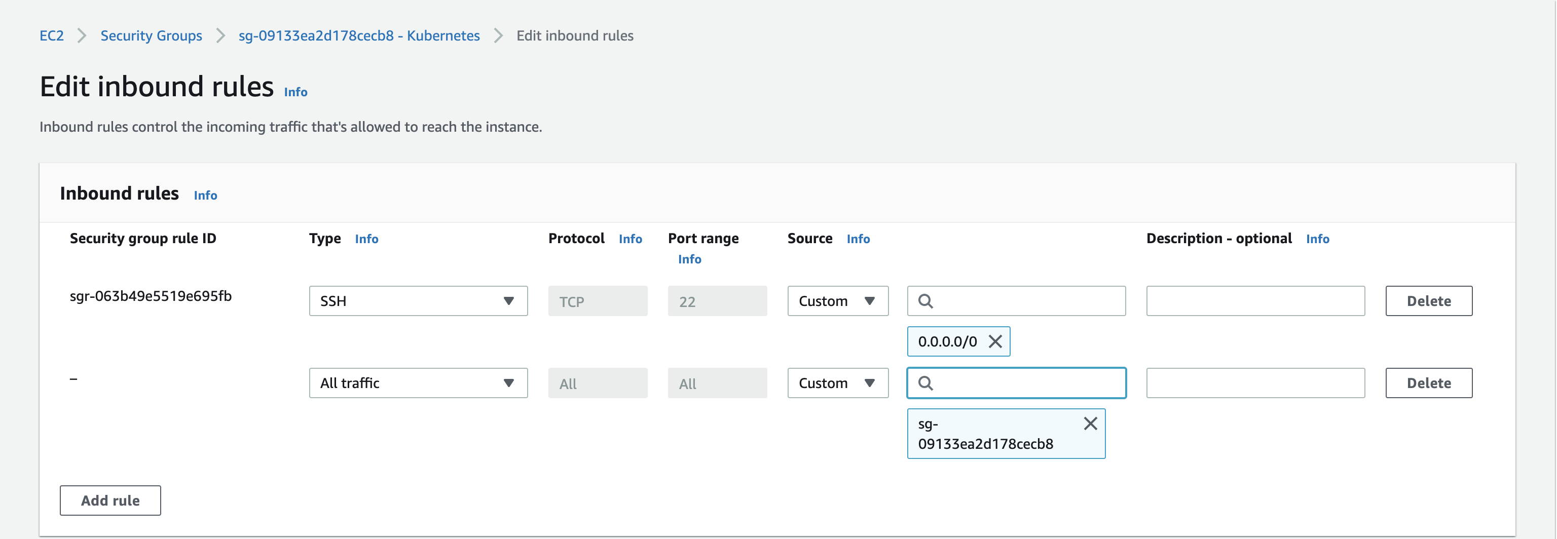 Specify Security Group settings