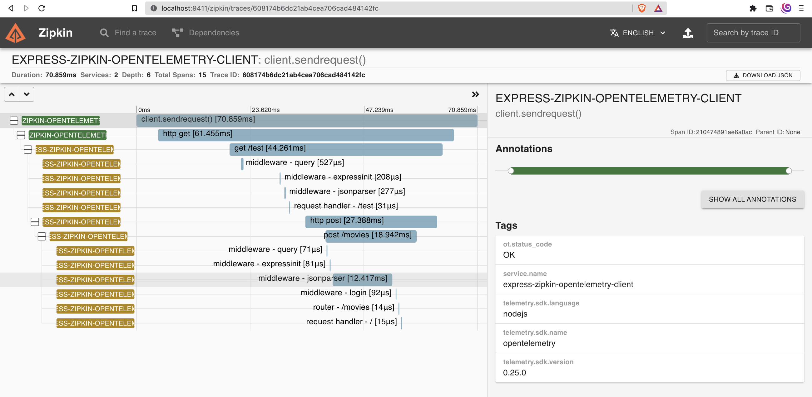 Example trace with span visualization in Zipkin