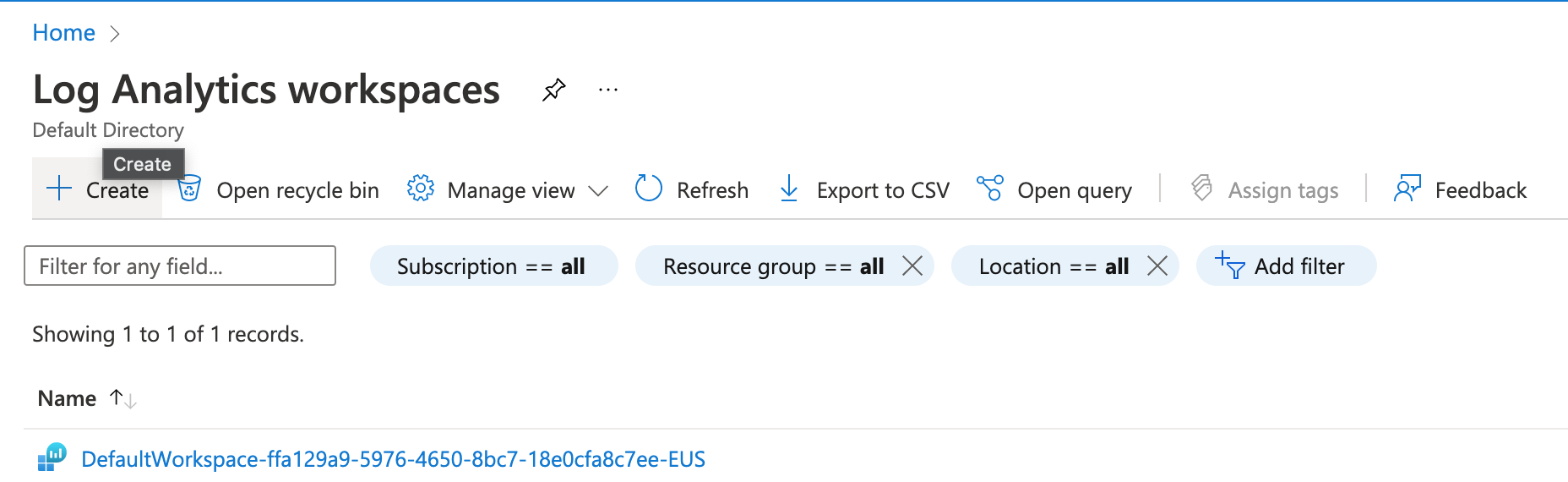 New Log Analytics workspace