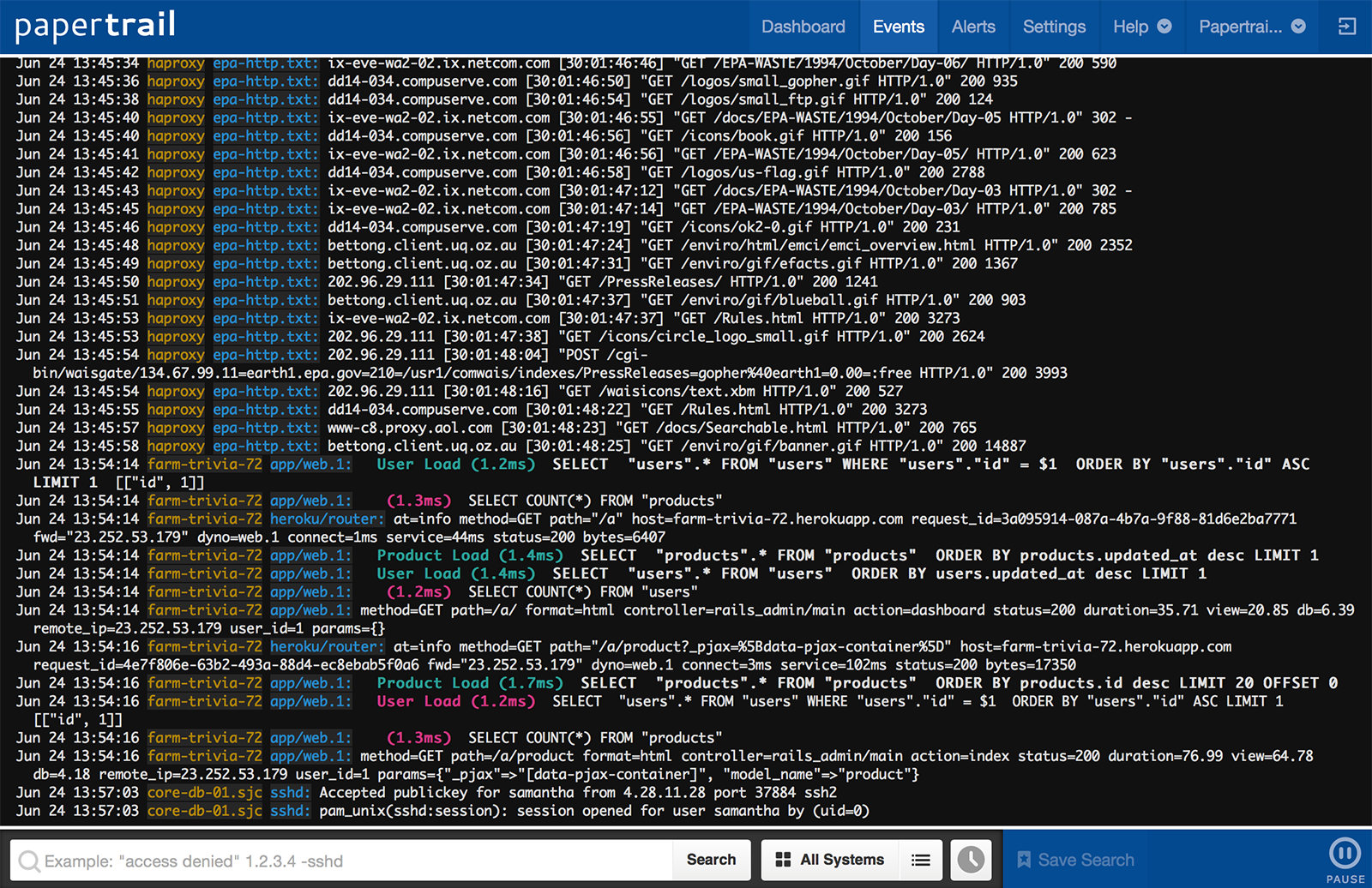 Parsing logs using Papertrail