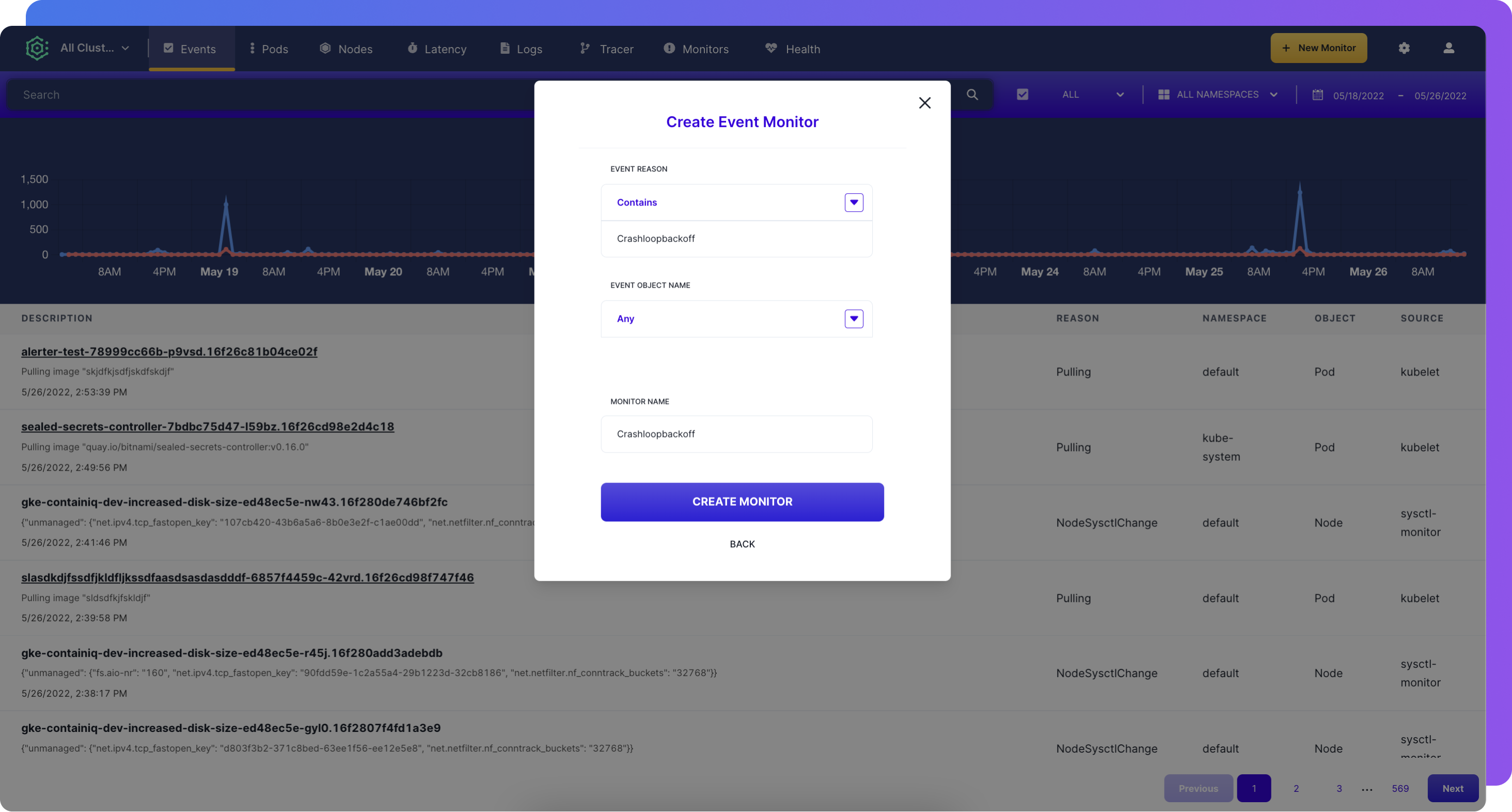 Creating an event monitor with ContainIQ