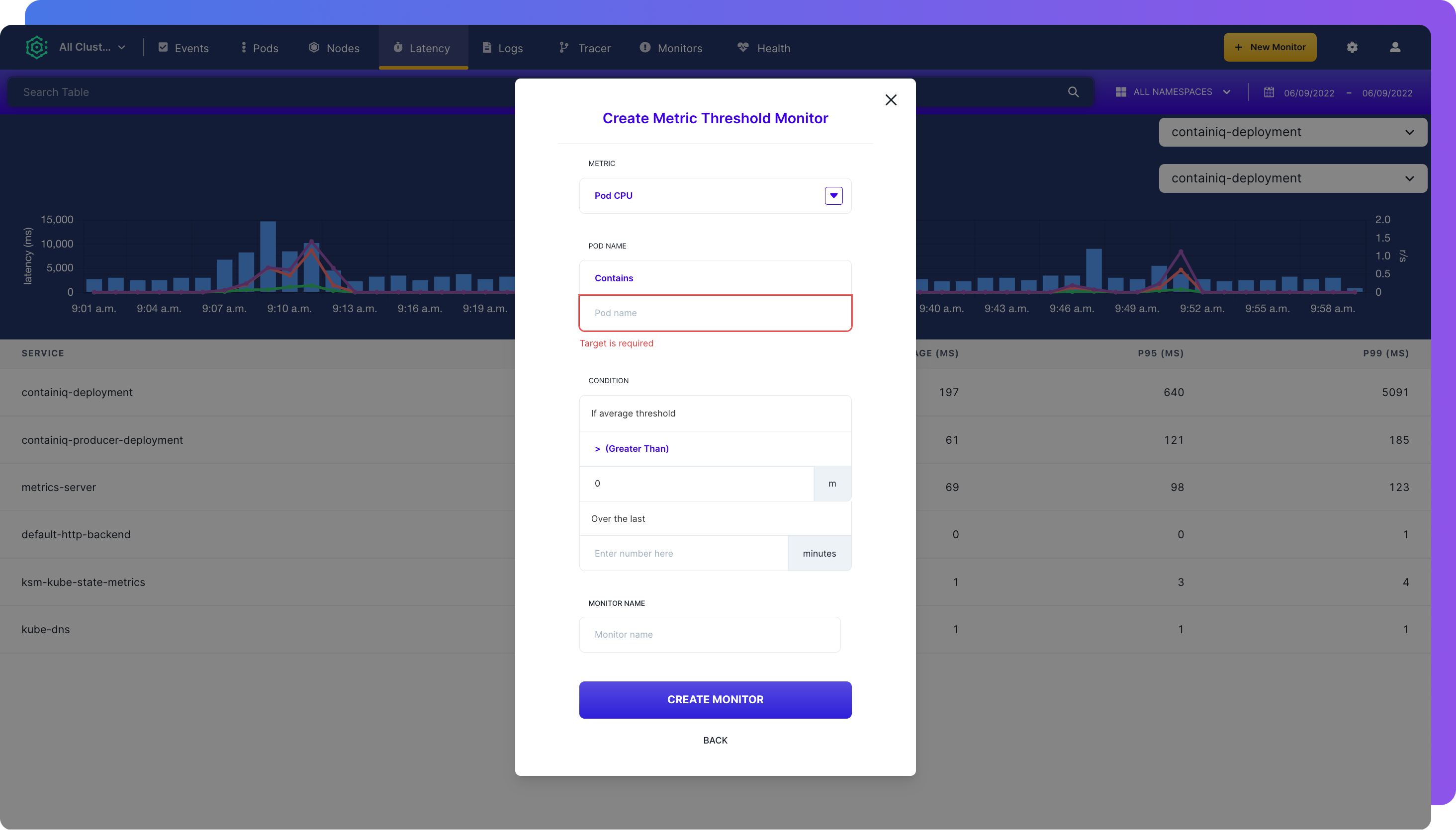 Creating Latency Alerts with ContainIQ