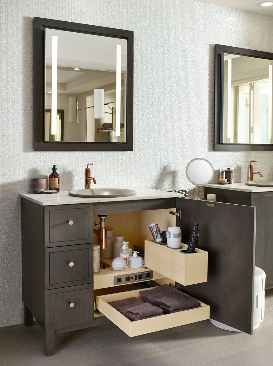 Accessible outlets in bathroom clever storage design 