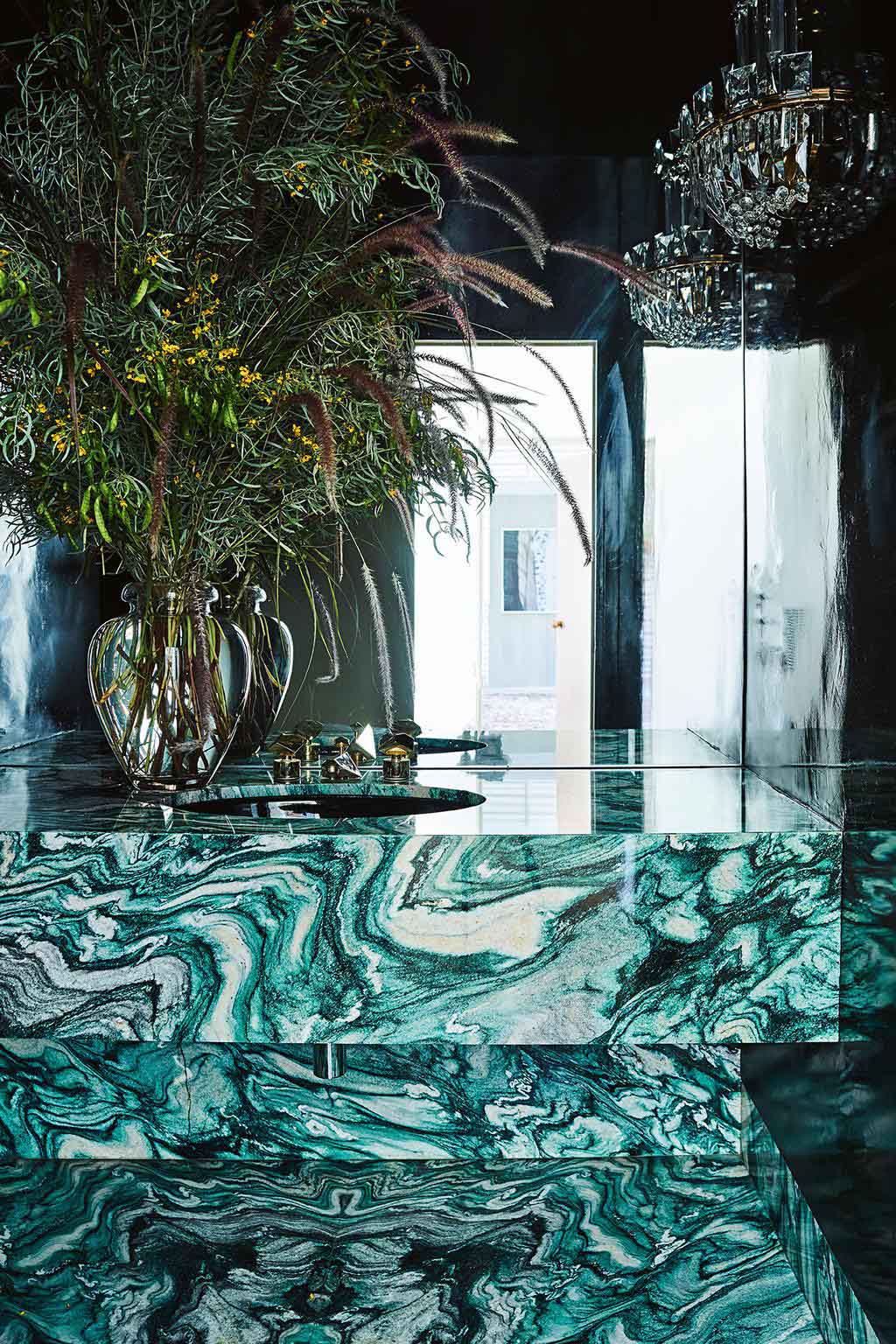 Green marble mirror special powder room design best renovation ideas