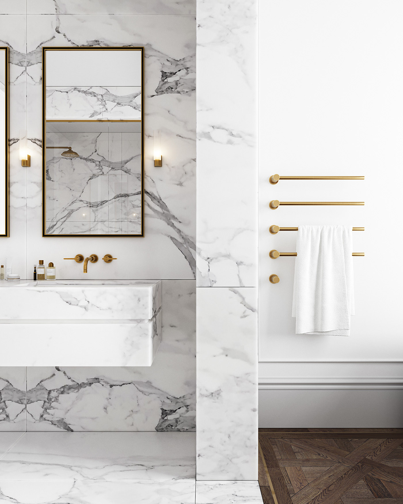 Luxury bathroom ideas with heated towel rail marble bathroom gold tapware