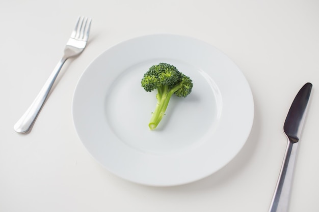 Healthy eating, diet, vegetarian food and culinary concept - close up of broccoli on plate