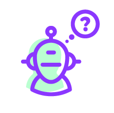 Purple and green icon of robot thinking with question mark in thought bubble