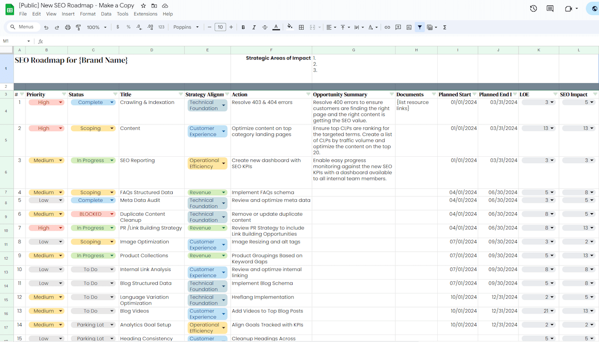 Screenshot of SEO Roadmap Template: List View 