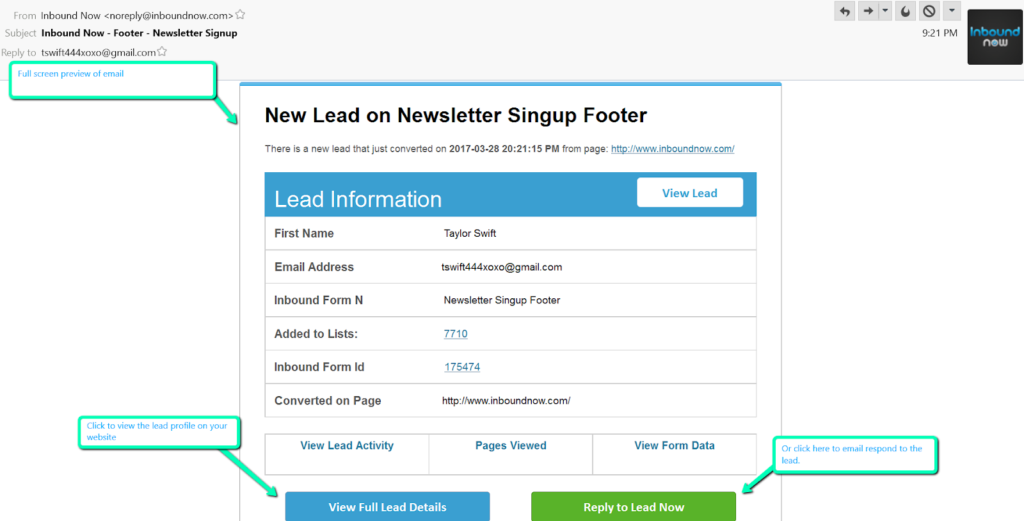 Get email notifications from Inbound Nows opt-in forms