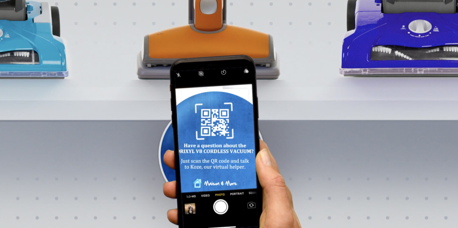 Shopper scanning QR code for virtual assistance while in store