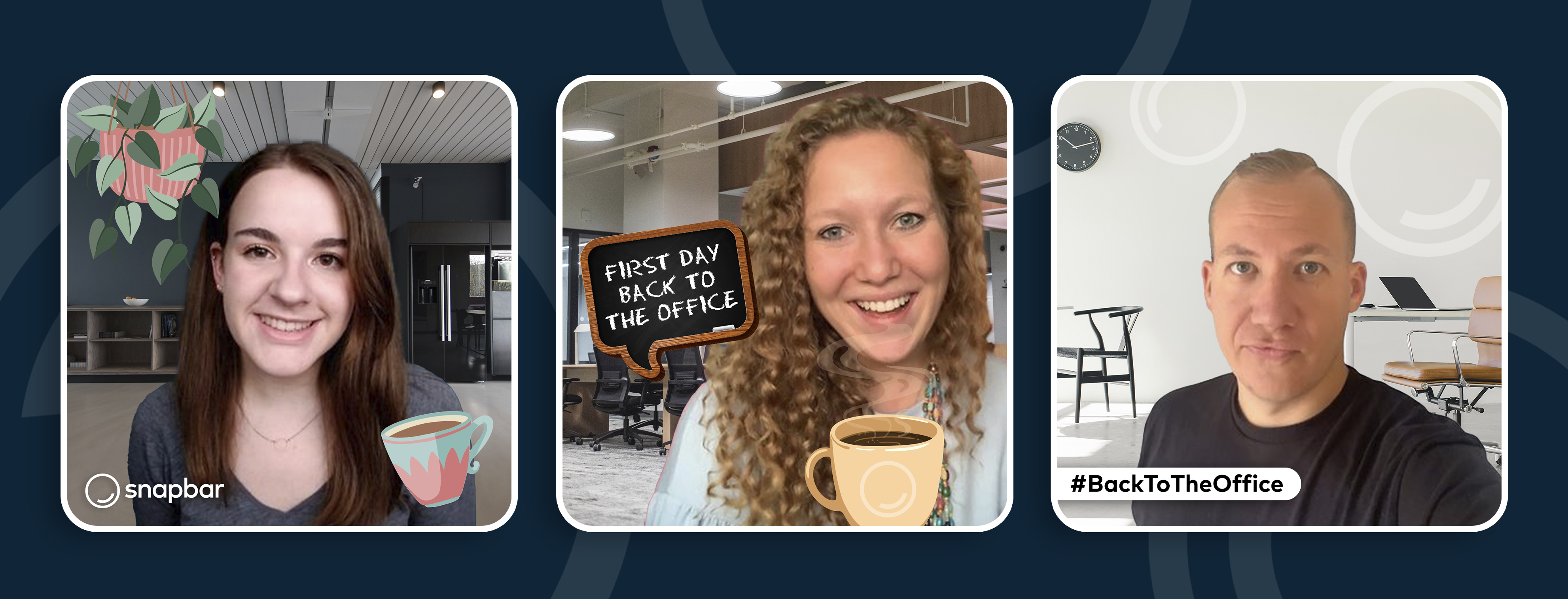 A trio of employees taking back-to-office selfies using Virtual Photo Booth