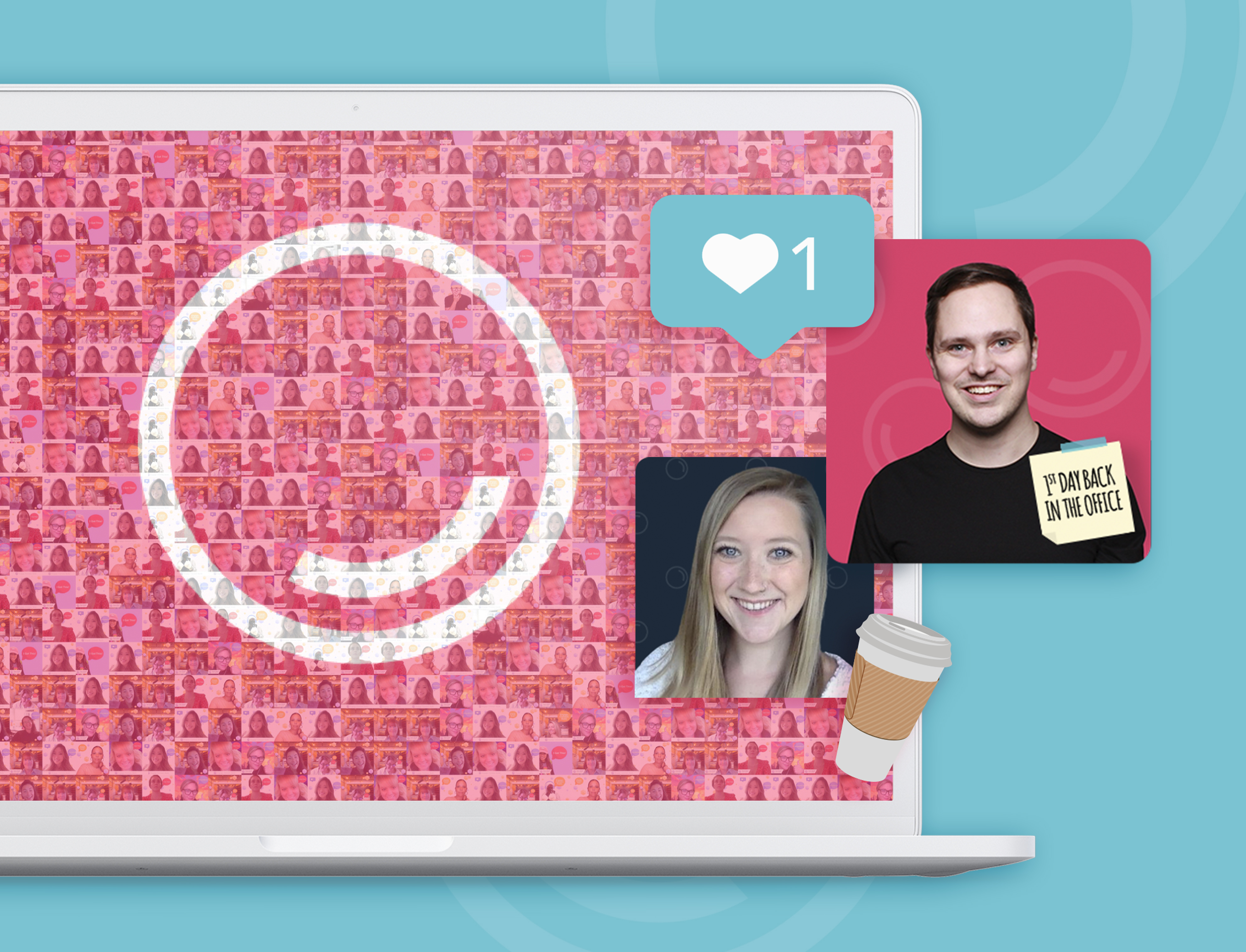 A laptop with a virtual photo mosaic background with branded back-to-office selfies of employees smiling