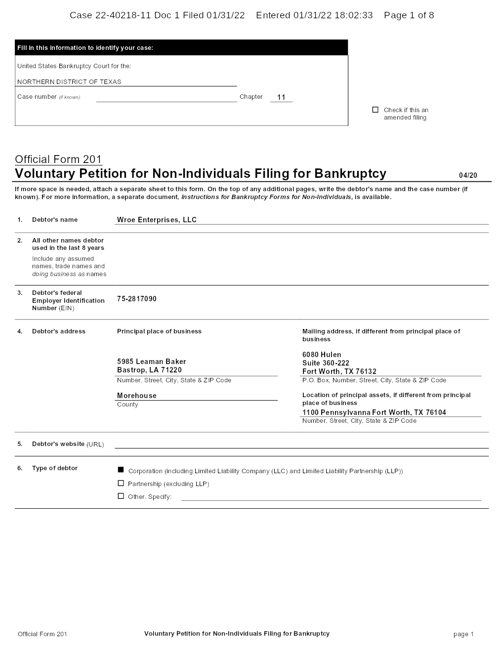 Wroe Enterprises, LLC Free Bankruptcy Petition Chapter 11 Filing