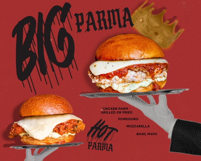 Big parma. Hot parma. Chicken parm - grilled or fried. Pomodoro. Mozzarella. Basil Mayo.