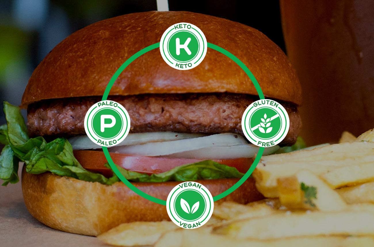 burger with dietary infographic overlay