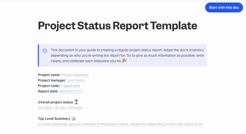 Project status report template