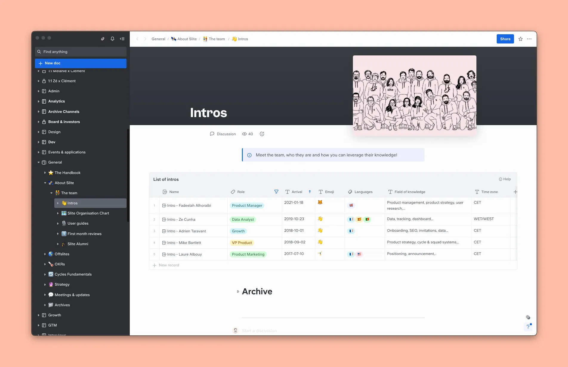 Screenshot of the team repository introducing our people