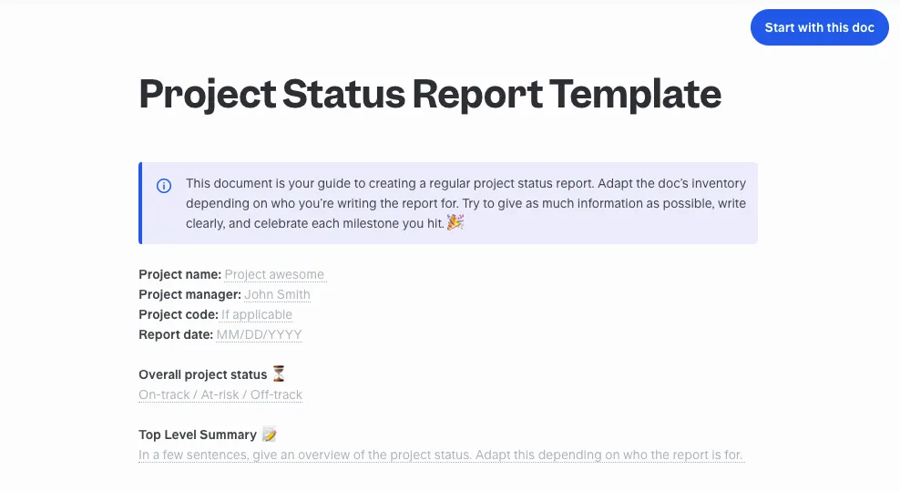 Project status report template