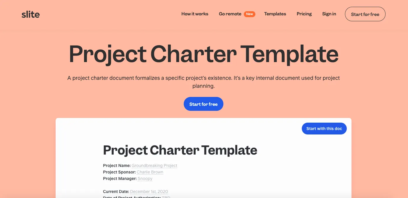 Project charter template example in Slite