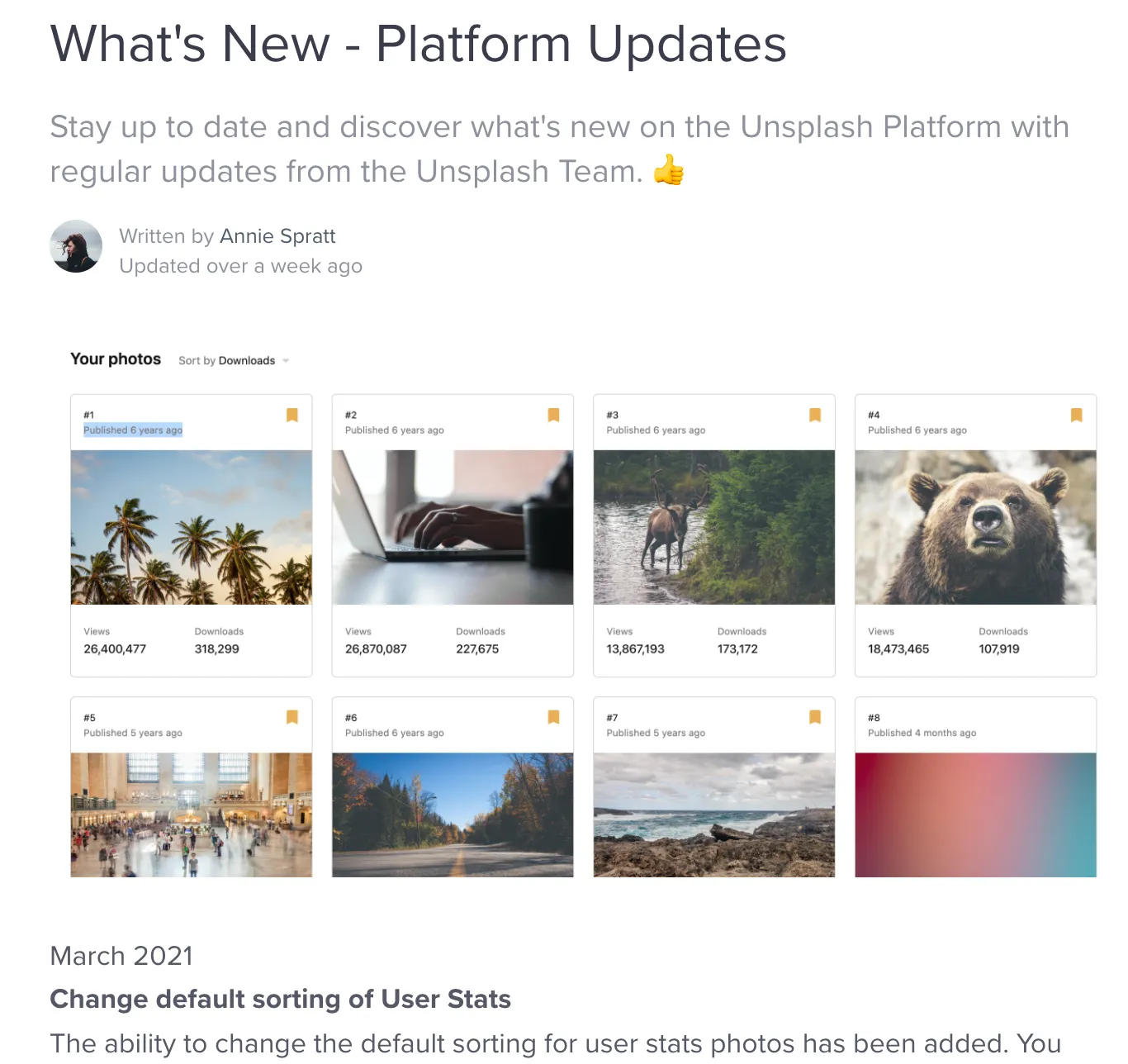 Example of Unsplash Release note