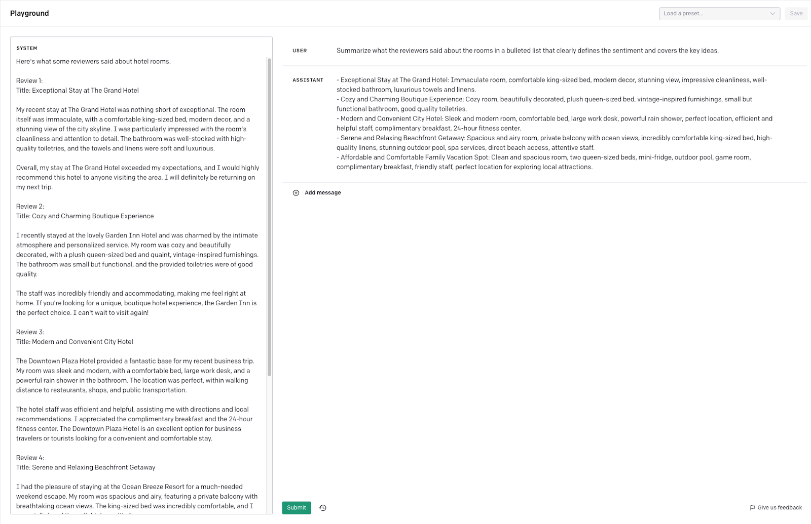 summary output for hotels