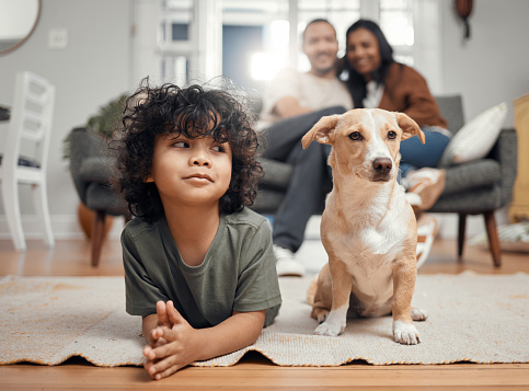 Child sitting with the family dog