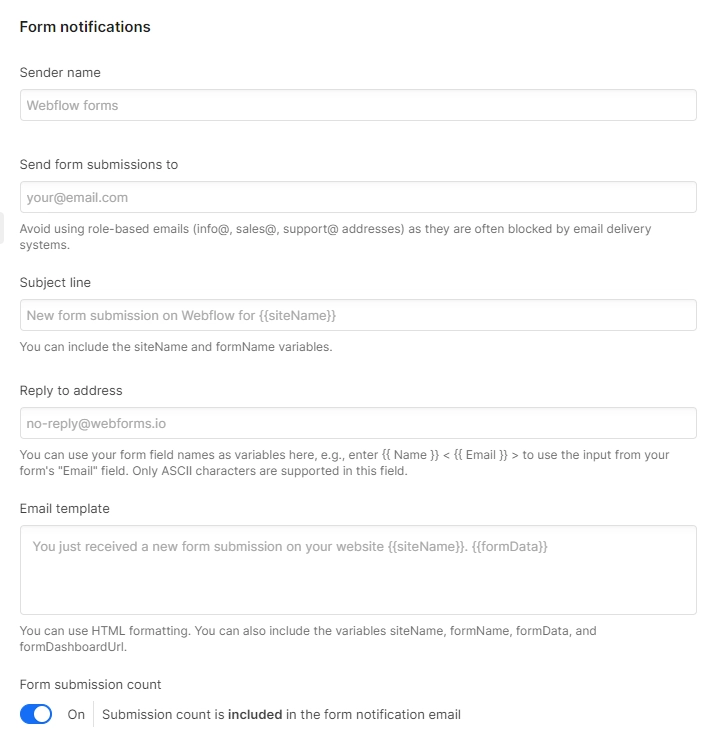 available webflow form settings