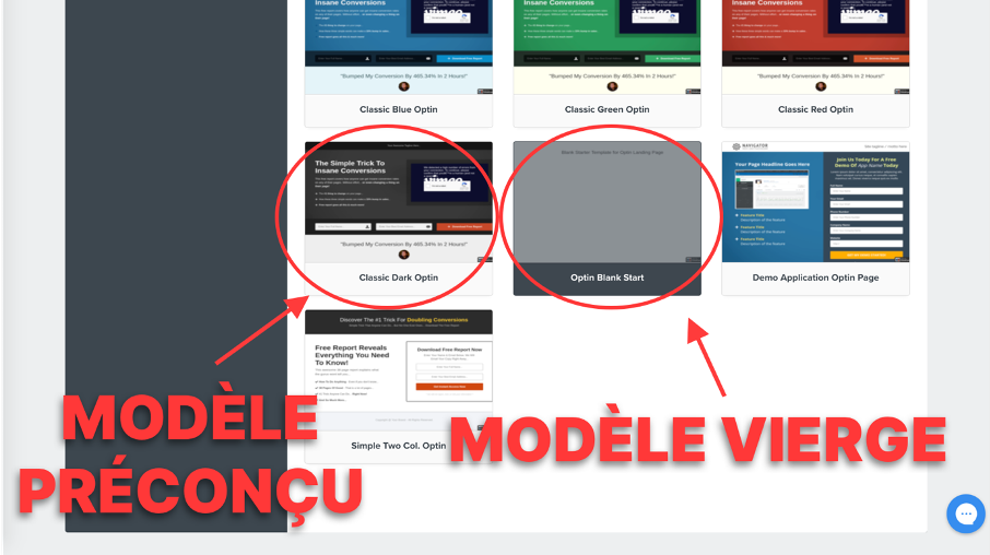 Choix entre un modèle déjà conçu ou d'un modèle vierge