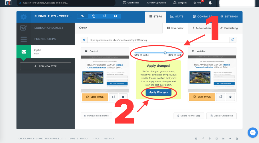Validation du split test de la page du funnel