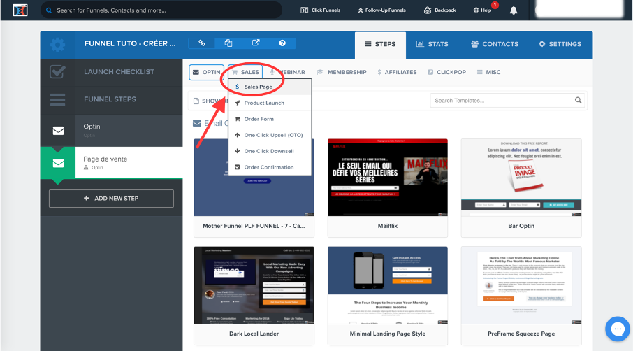 Choisir le type de page sur Clickfunnels
