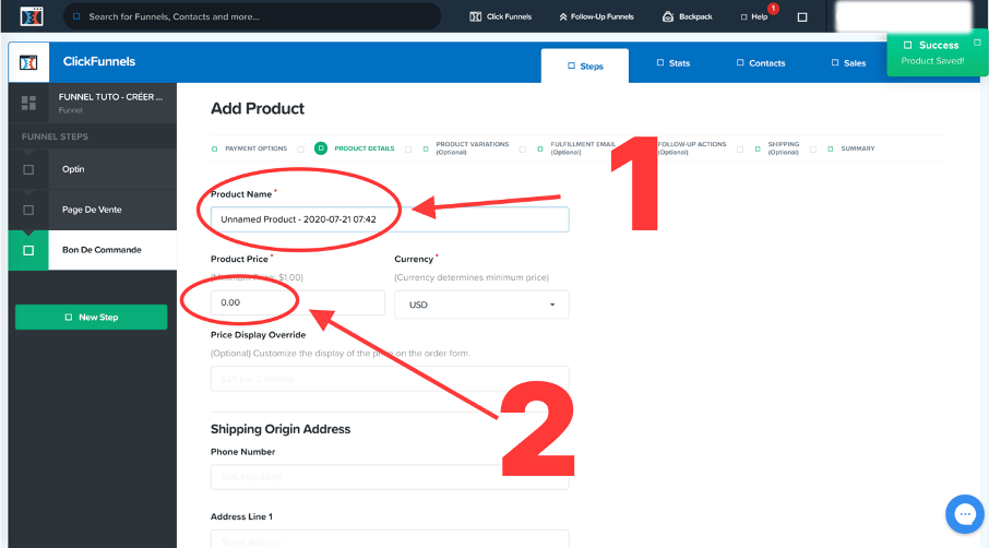 Champ pour nommer son produit et y indiquer le prix