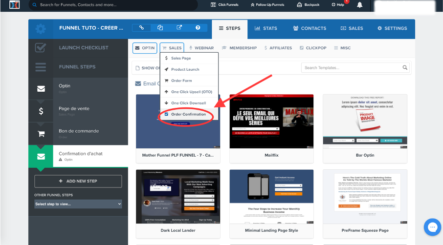 onglet pour ajouter une page de confirmation