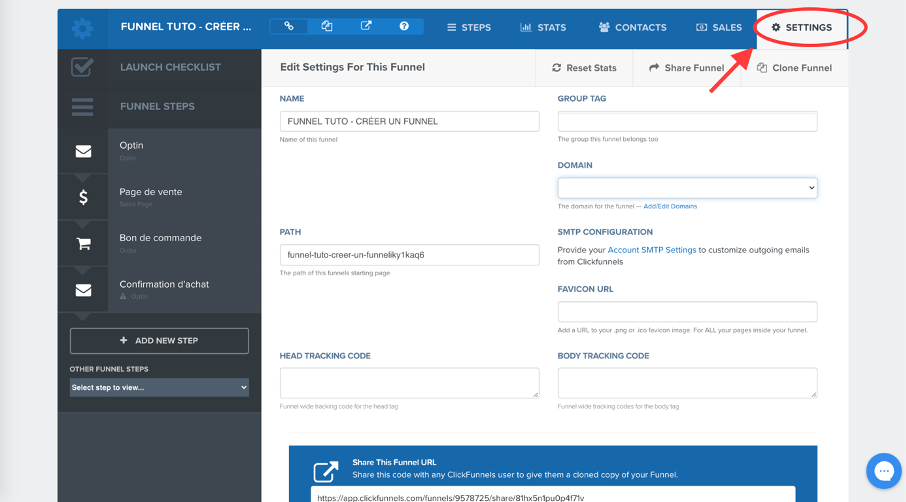 Onglet pour modifier les paramètres généraux du funnels