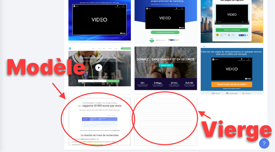 choix d'un modèle de page de vente ou d'une page vierge