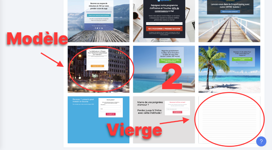 Choix d'un modèle de page ou d'une page vierge pour la page de capture du funnel de vente
