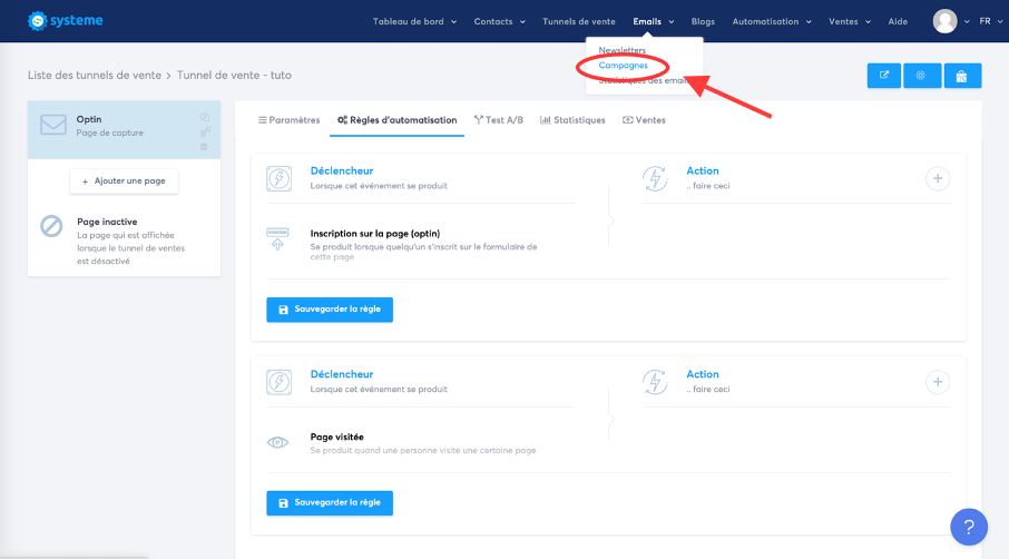 Onglet pour créer une campagne emailing sur Systeme.io