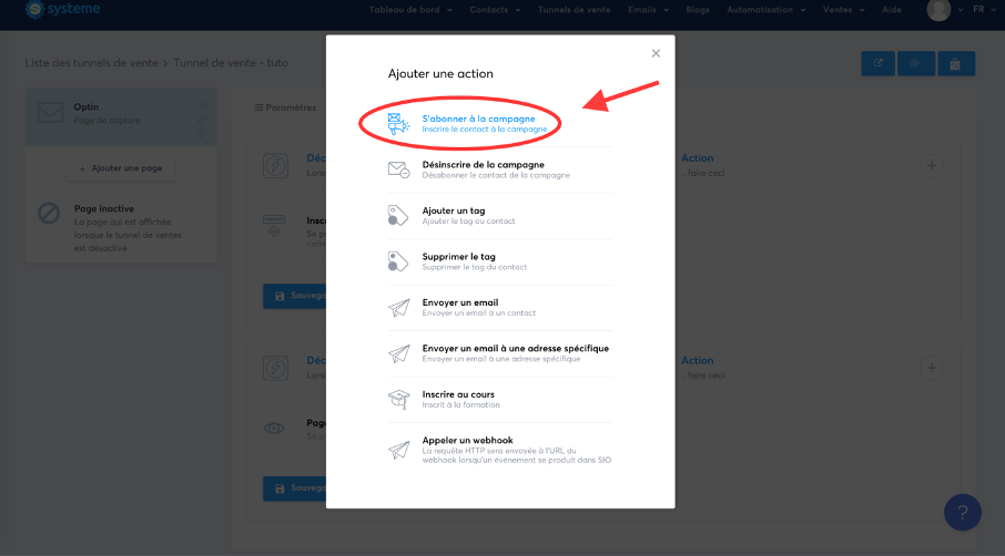 Choix de l'action "s'abonner à la campagne" pour la règle d'automatisation