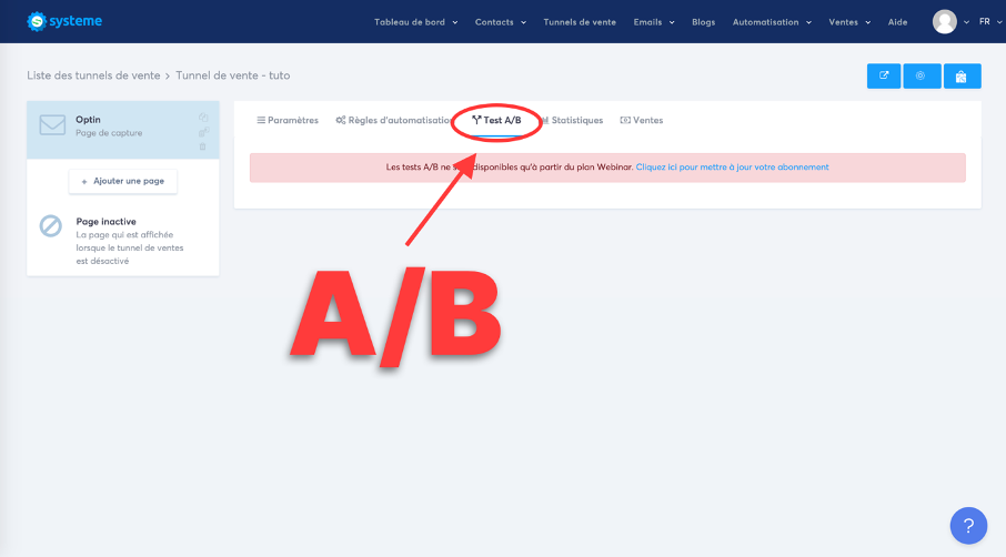 Onglet pour créer un split test sur Systeme.io