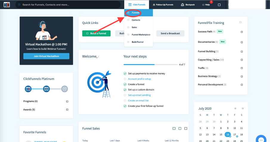 onglet pour créer un funnels dans Clickfunnels